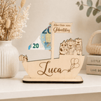 Geldgeschenk zur Taufe Schiff aus Holz | personalisiert - LaserArt Germany