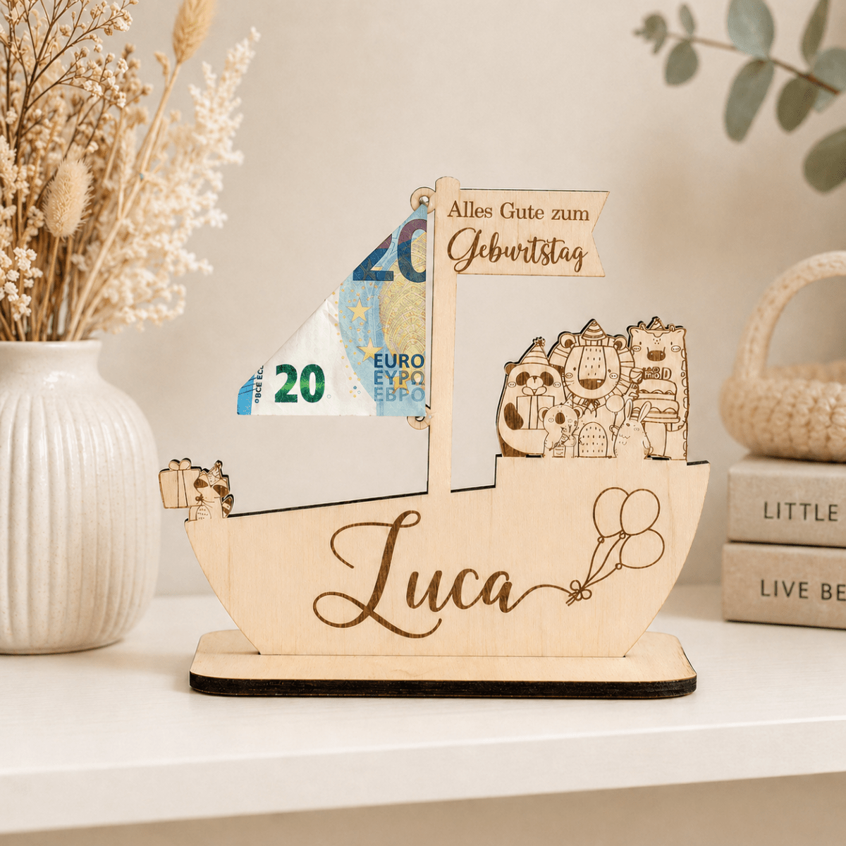 Geldgeschenk zur Taufe Schiff aus Holz | personalisiert - LaserArt Germany