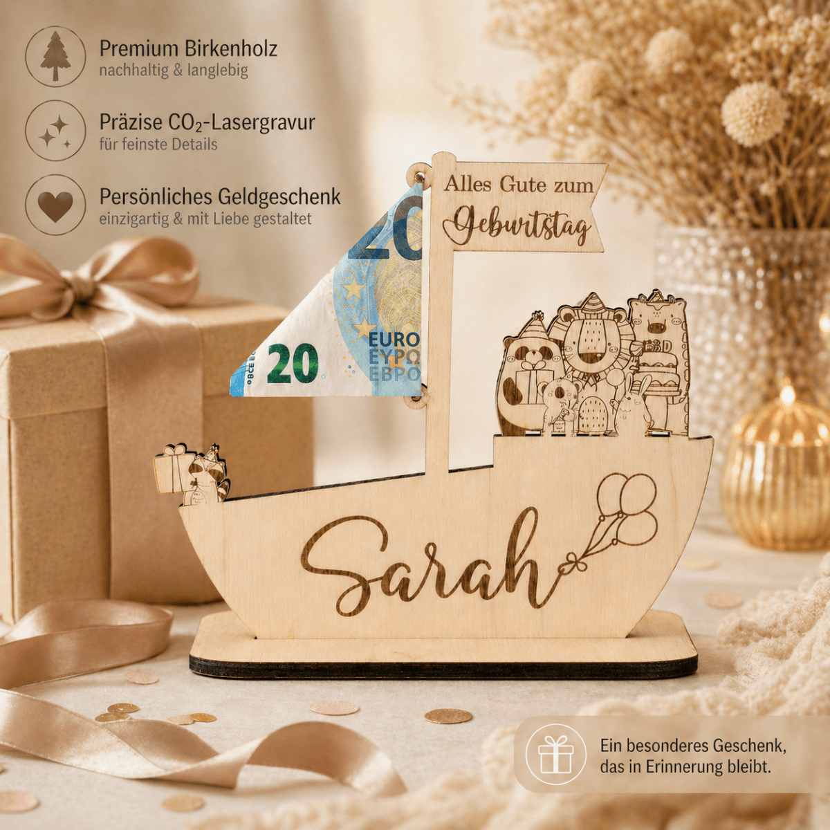 Geldgeschenk zur Taufe Schiff aus Holz | personalisiert - LaserArt Germany