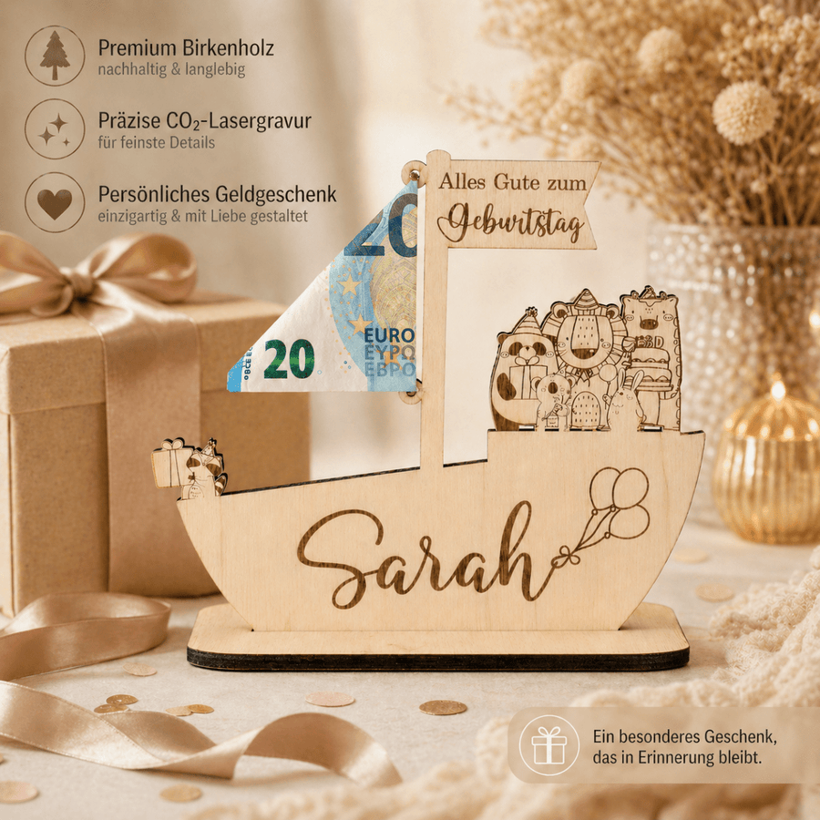 Geldgeschenk zur Taufe Schiff aus Holz | personalisiert - LaserArt Germany