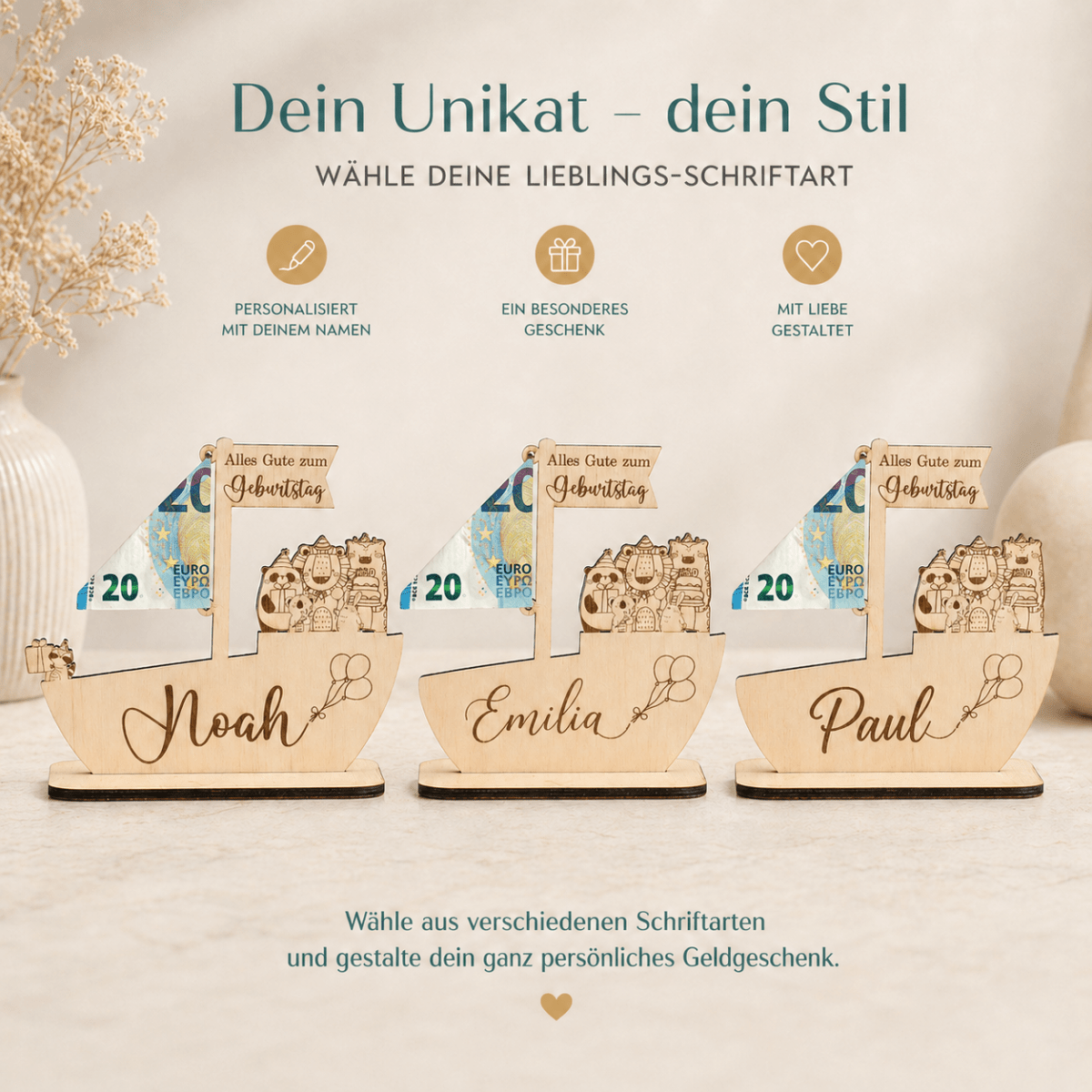 Geldgeschenk zur Taufe Schiff aus Holz | personalisiert - LaserArt Germany