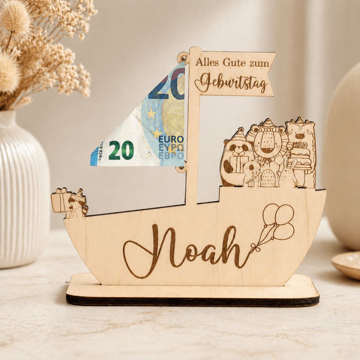 Geldgeschenk zur Taufe Schiff aus Holz | personalisiert - LaserArt Germany