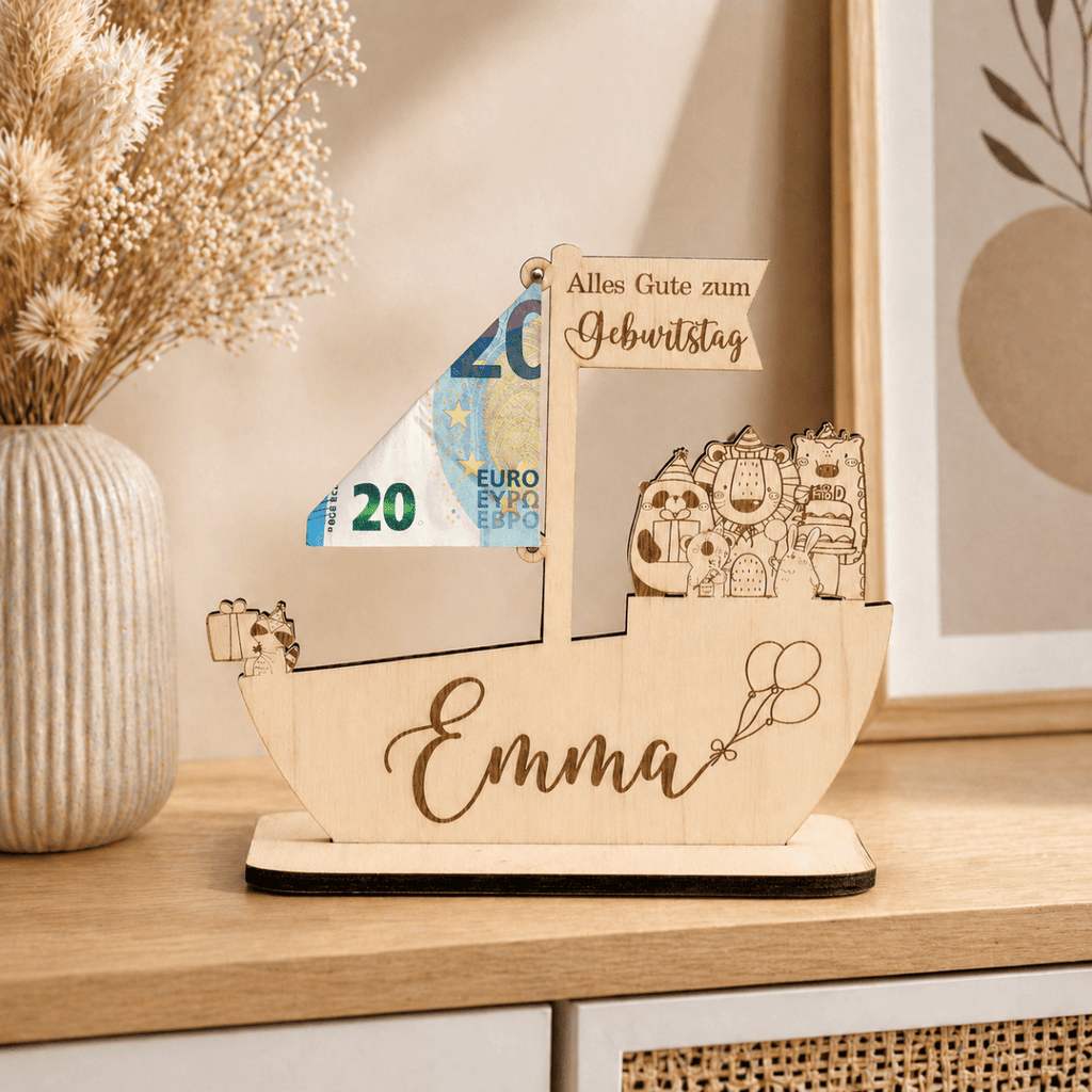 Geldgeschenk zur Taufe Schiff aus Holz | personalisiert - LaserArt Germany