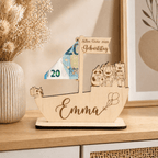 Geldgeschenk zur Taufe Schiff aus Holz | personalisiert - LaserArt Germany