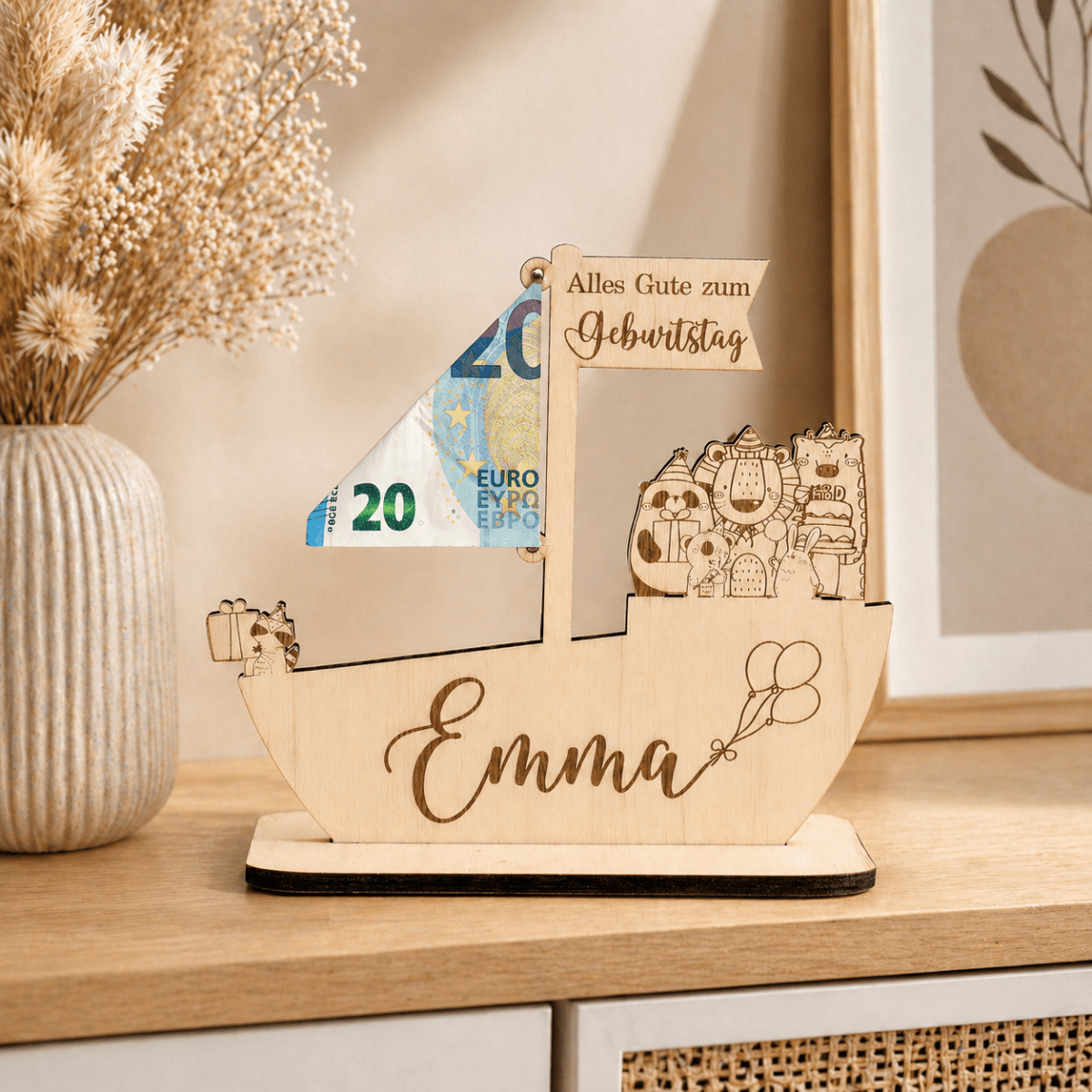 Geldgeschenk zur Taufe Schiff aus Holz | personalisiert - LaserArt Germany