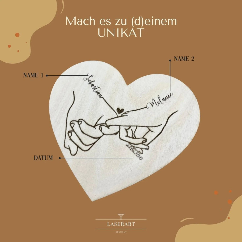 Geschenk für Paare personalisiert | Hand - in - Hand Motiv mit Namen - LaserArt Germany