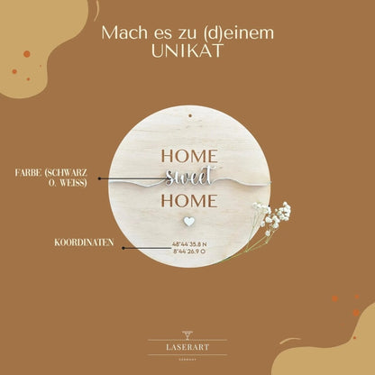 Geschenk zum Richtfest | Personalisiertes Türschild aus Holz mit Koordinaten - LaserArt Germany
