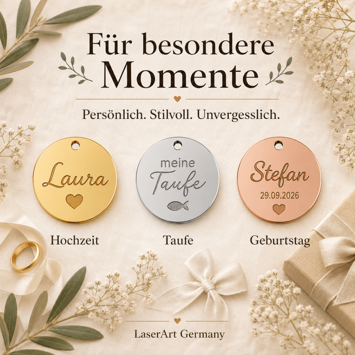 Geschenkanhänger personalisiert für Hochzeit, Taufe und Geburtstag aus Spiegel-Acryl mit Gravur