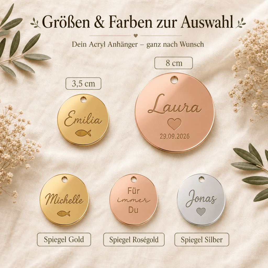 Farbauswahl Spiegel Gold, Roségold und Silber für den personalisierten Acryl-Geschenkanhänger