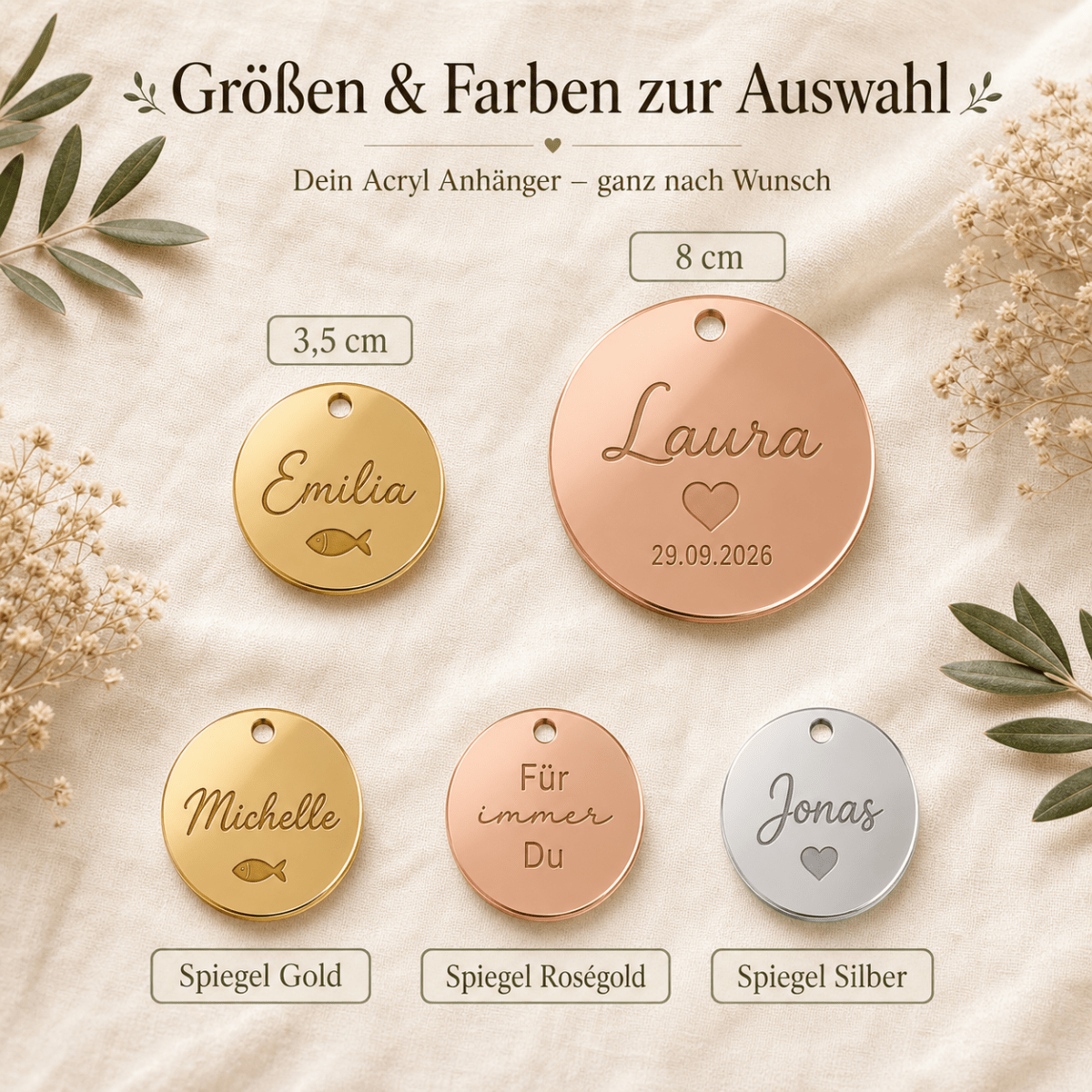 Farbauswahl Spiegel Gold, Roségold und Silber für den personalisierten Acryl-Geschenkanhänger