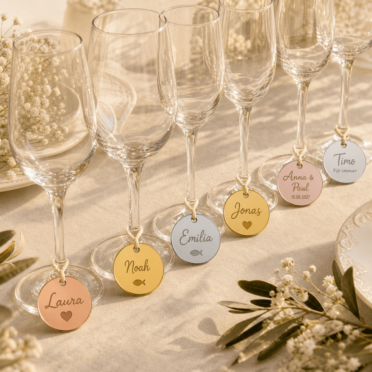 Glasmarkierer aus Spiegel-Acryl mit Namen graviert, in Gold, Silber und Roségold an Sektgläsern