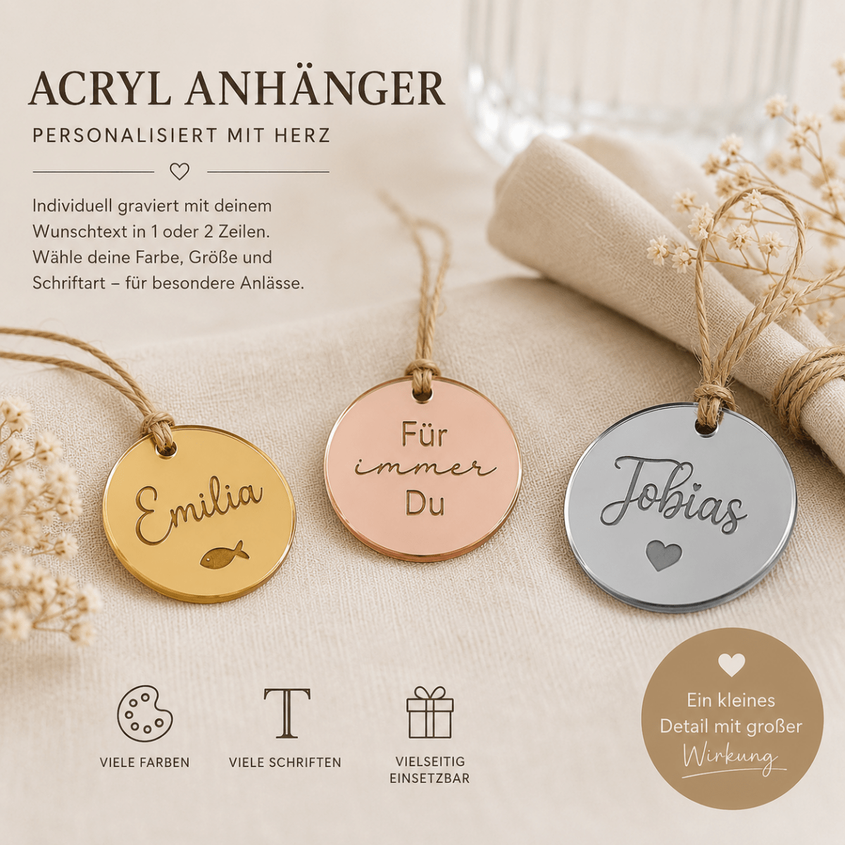 Acryl-Anhänger personalisiert mit Wunschtext: viele Farben, Schriftarten und Anlässe zur Auswahl