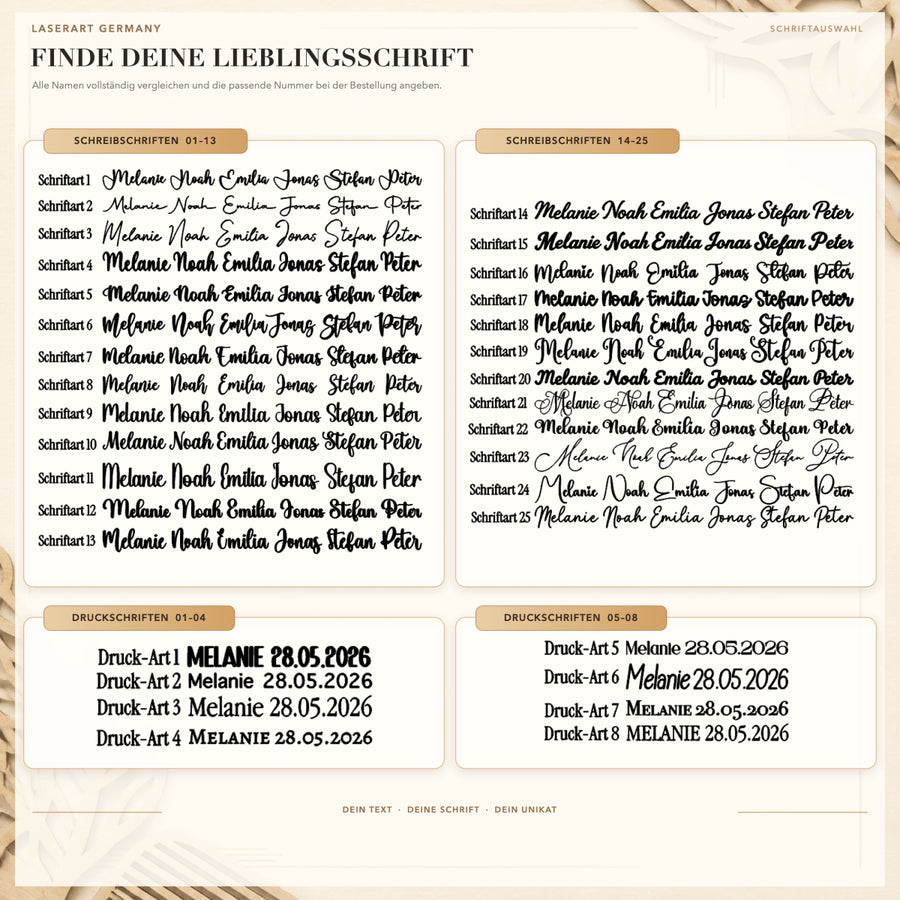 Übersicht der Schriftarten für die Gravur: 25 Schreibschriften und 8 Druckschriften zur Auswahl
