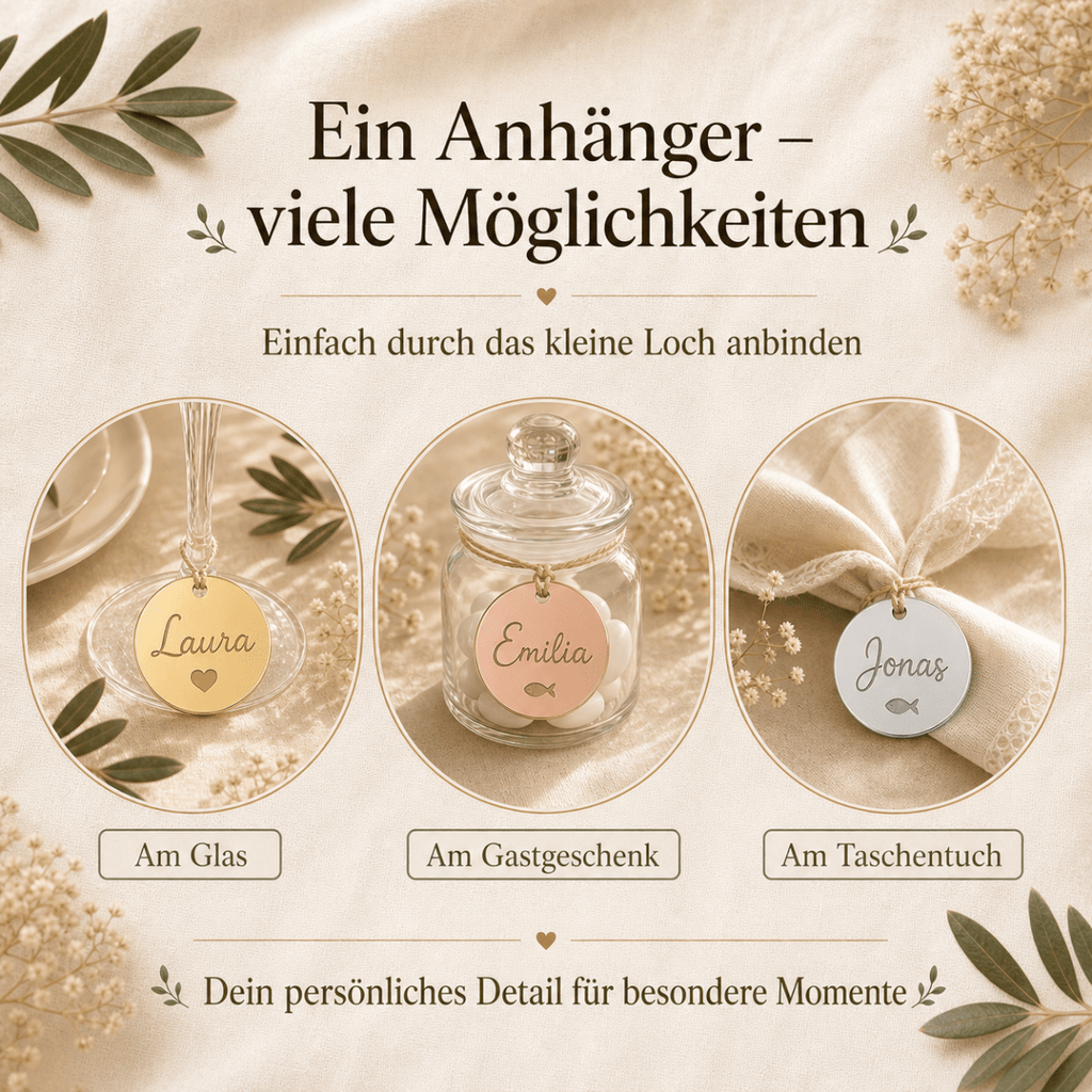Verwendungsideen für den personalisierten Geschenkanhänger: am Glas, am Gastgeschenk und am Taschentuch