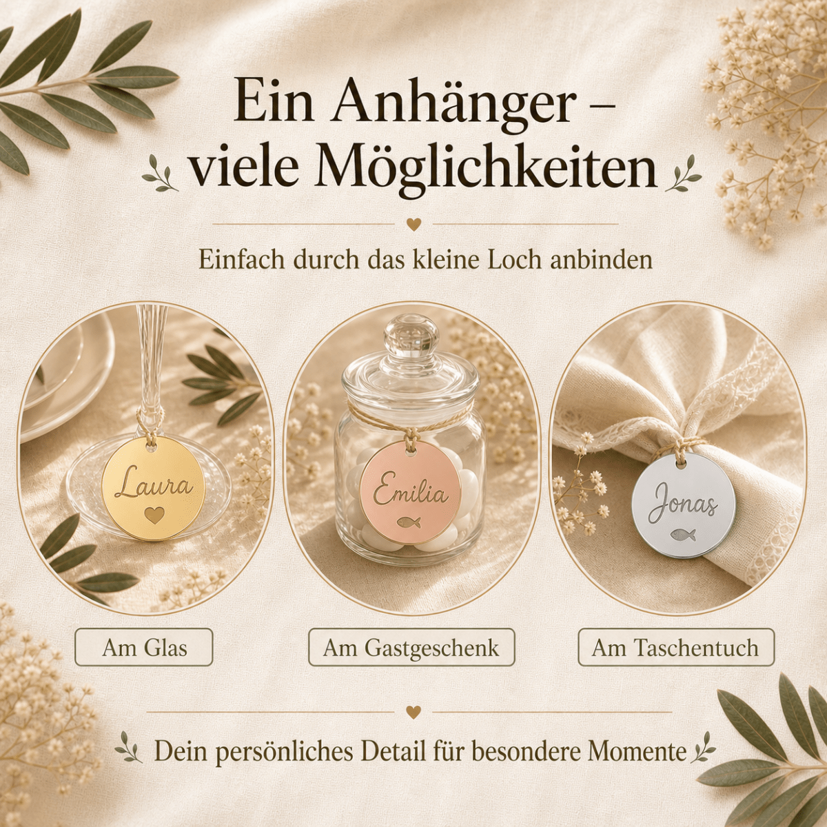 Verwendungsideen für den personalisierten Geschenkanhänger: am Glas, am Gastgeschenk und am Taschentuch
