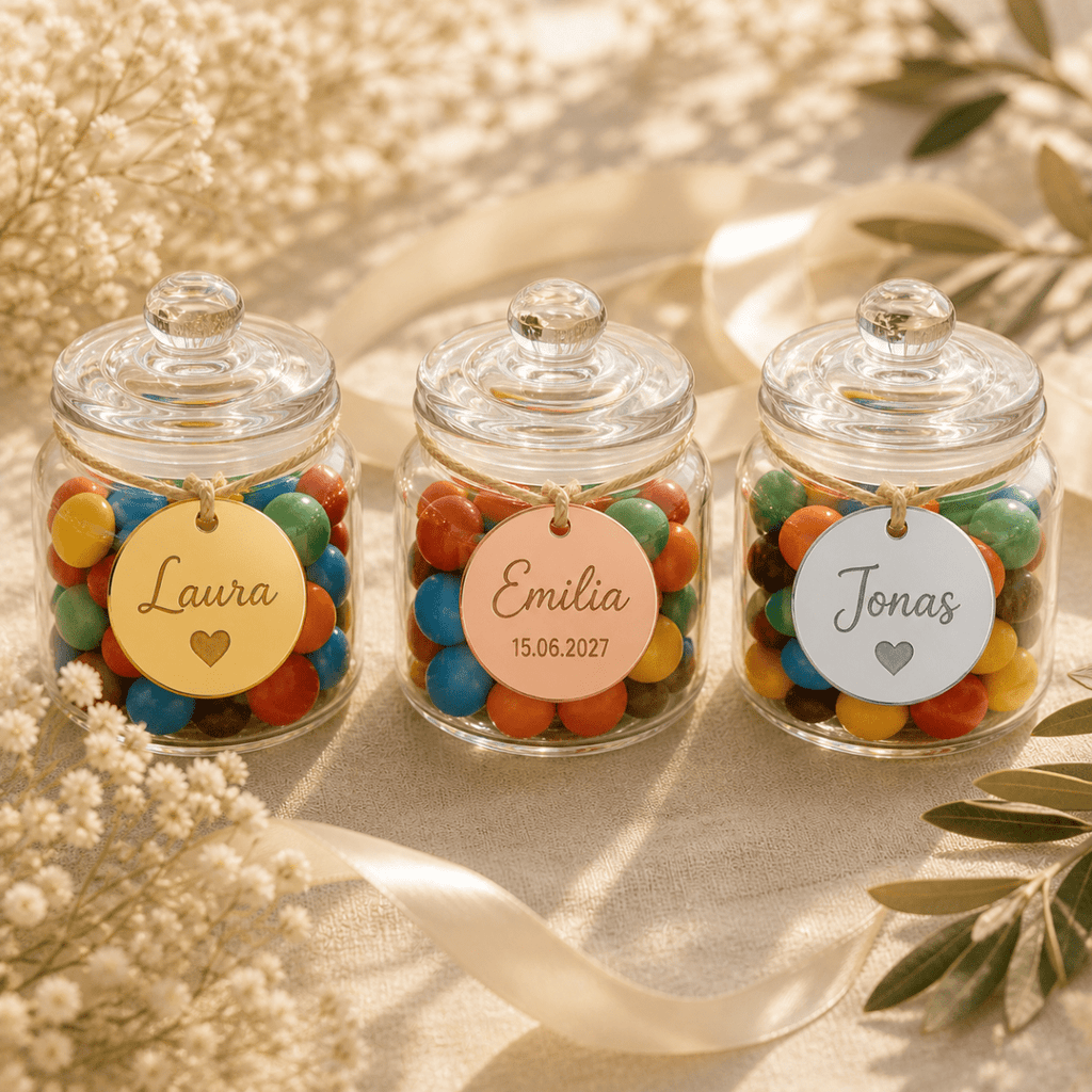 Gastgeschenk Hochzeit: Bonbonglas mit graviertem Acryl-Anhänger in Gold, Roségold und Silber