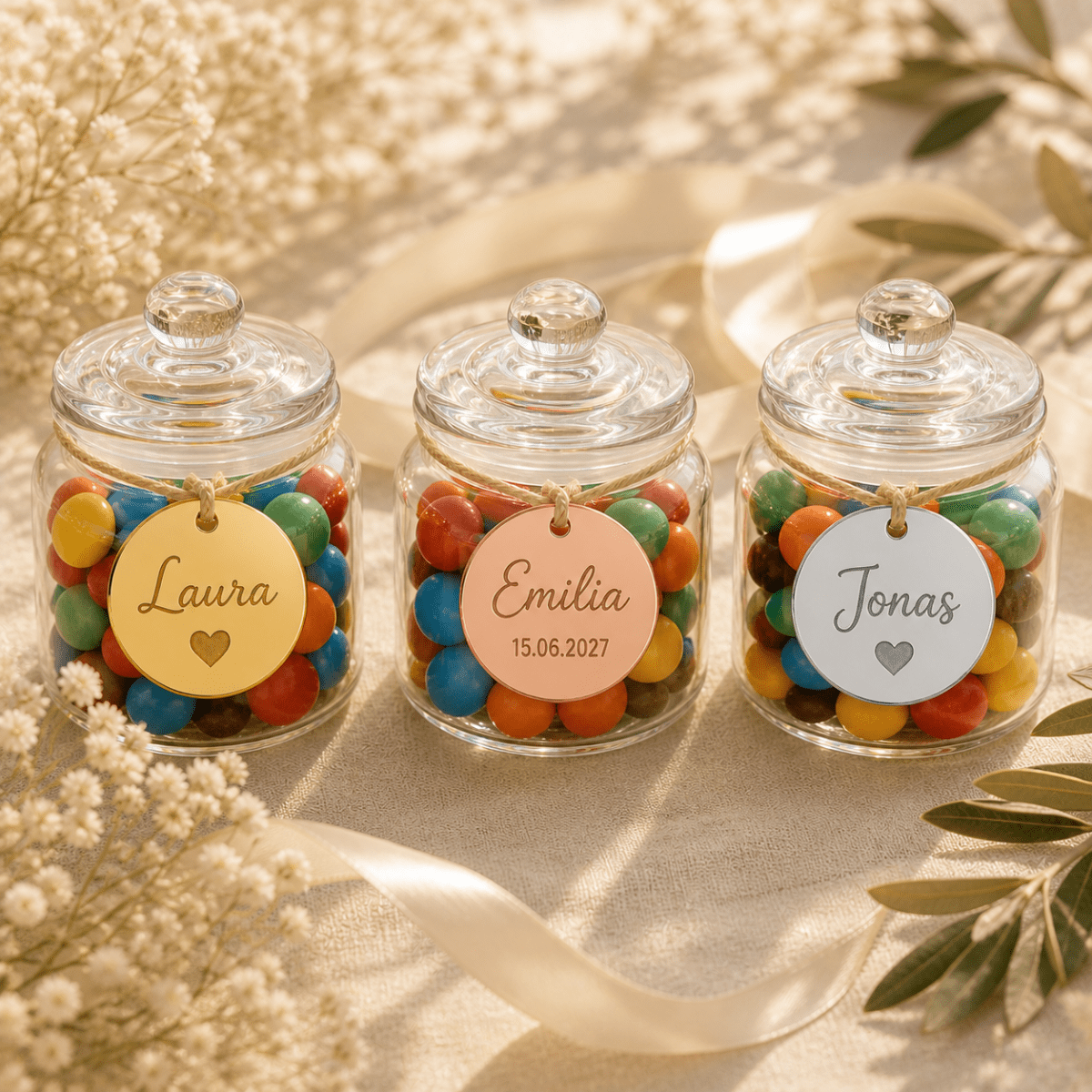 Gastgeschenk Hochzeit: Bonbonglas mit graviertem Acryl-Anhänger in Gold, Roségold und Silber