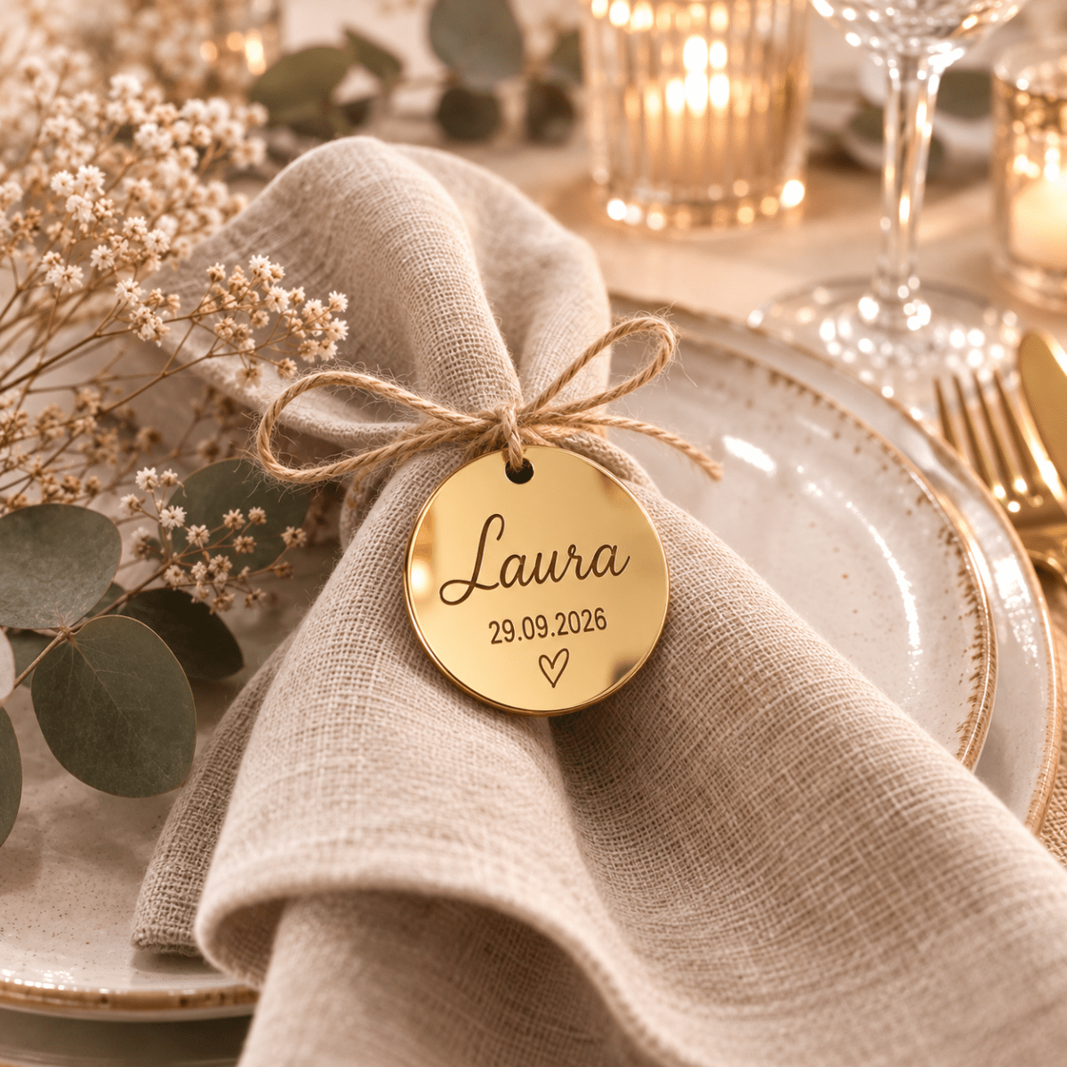 Personalisierter Geschenkanhänger aus Spiegel-Acryl in Gold, graviert mit Name, Datum und Herz, an Serviette