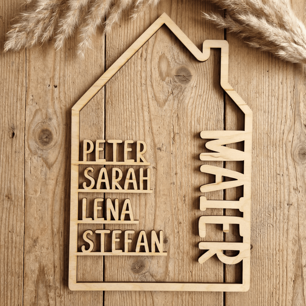 Haus aus Holz mit Namen | Familienschild personalisiert - LaserArt Germany