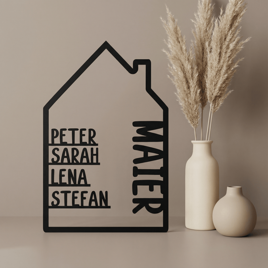Haus aus Holz mit Namen | Familienschild personalisiert - LaserArt Germany