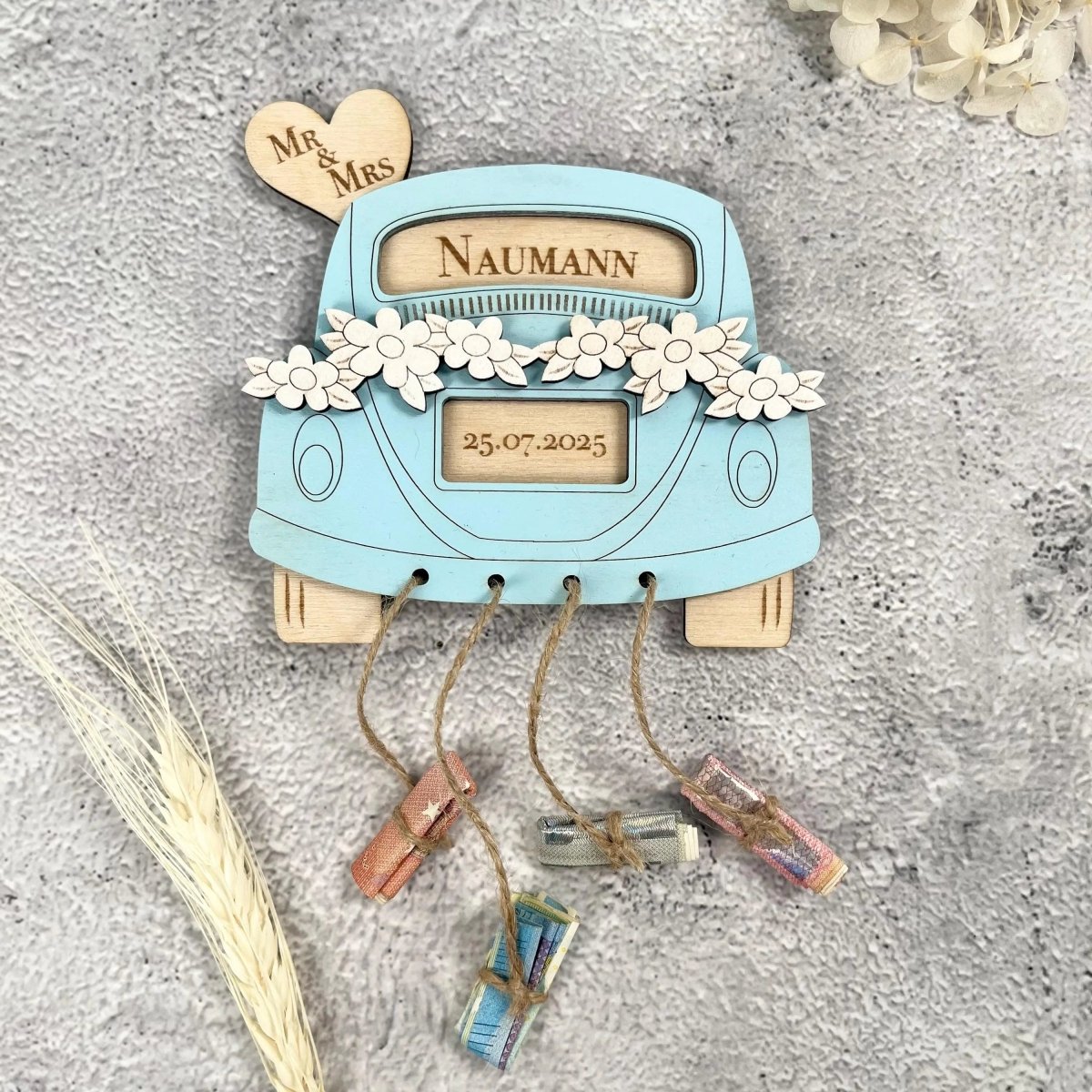Hochzeitsauto Geldgeschenk zur Hochzeit aus Holz – personalisiertes Hochzeitsgeschenk mit Namen & Datum - LaserArt Germany