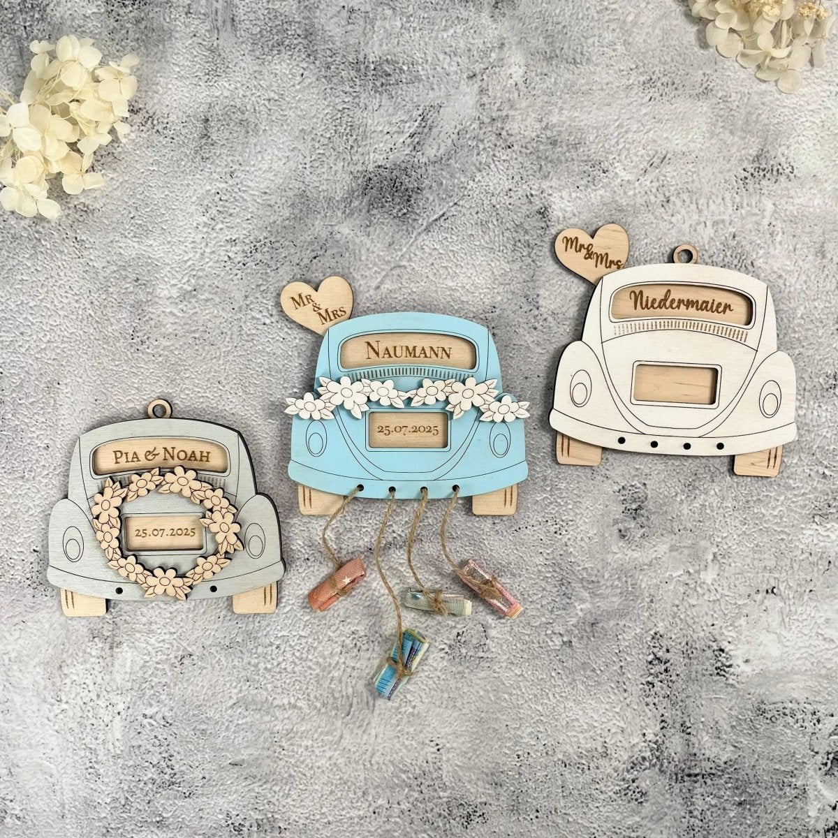 Hochzeitsauto Geldgeschenk zur Hochzeit aus Holz – personalisiertes Hochzeitsgeschenk mit Namen & Datum - LaserArt Germany