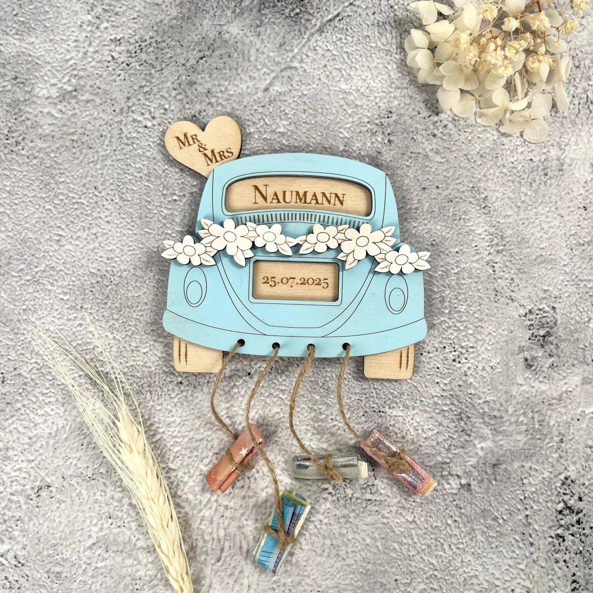 Hochzeitsauto Geldgeschenk zur Hochzeit aus Holz – personalisiertes Hochzeitsgeschenk mit Namen & Datum - LaserArt Germany