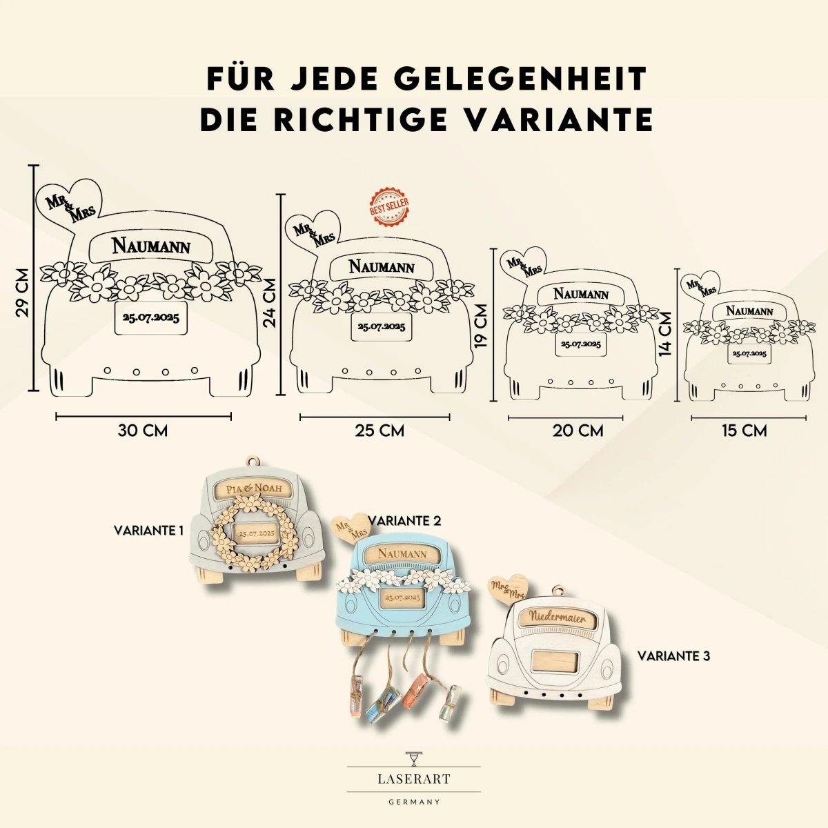 Hochzeitsauto Geldgeschenk zur Hochzeit aus Holz – personalisiertes Hochzeitsgeschenk mit Namen & Datum - LaserArt Germany