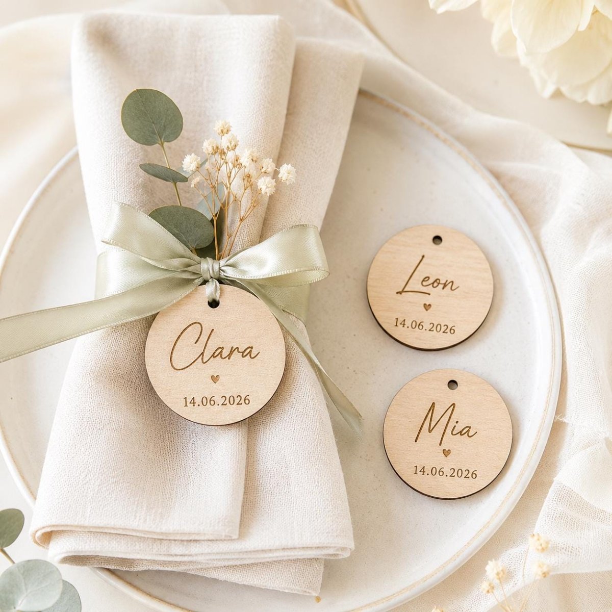 Holzanhänger personalisiert graviert Platzkarten Hochzeit – Detailaufnahme der Herzform