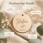 Holzanhänger personalisiert graviert Platzkarten Hochzeit – Frontalansicht des herzförmigen Anhängers