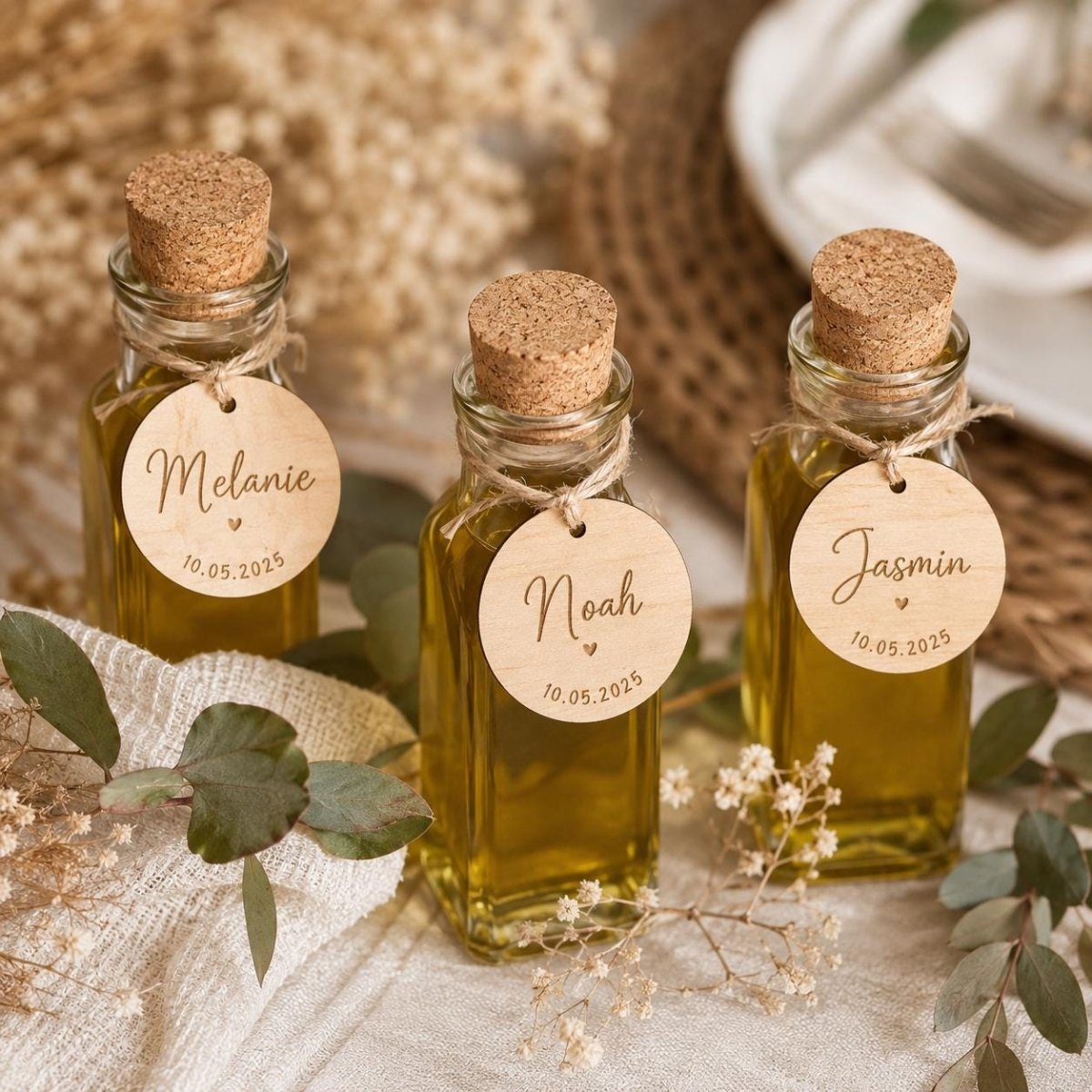 Holzanhänger personalisiert graviert Platzkarten Hochzeit – Detailaufnahme des Bindfadens