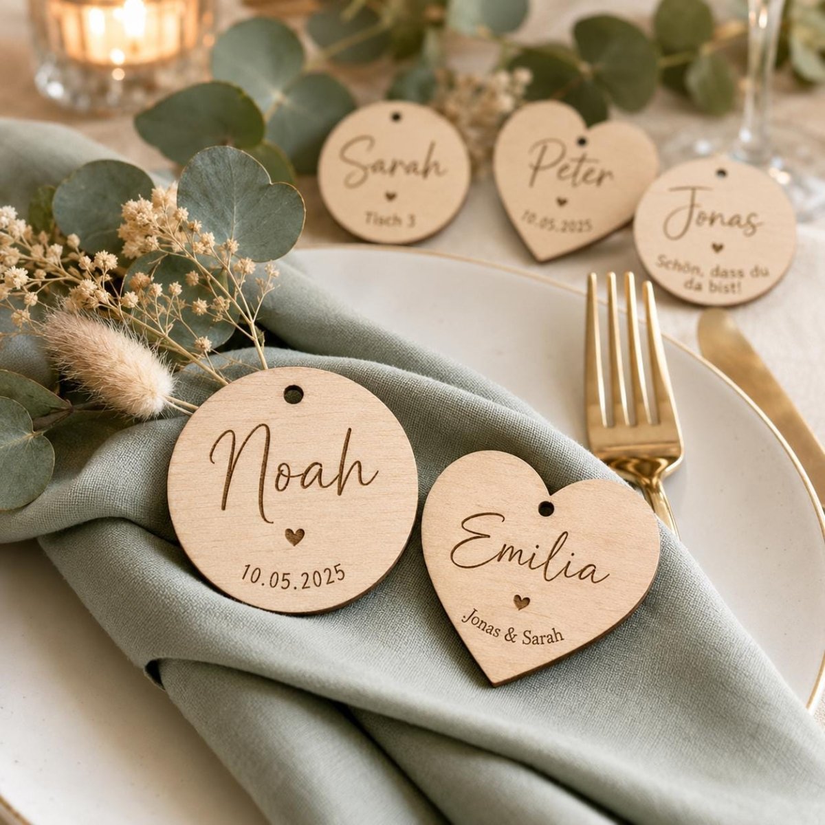 Holzanhänger personalisiert graviert Platzkarten Hochzeit – Hauptansicht