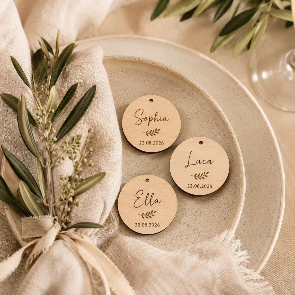 Holzanhänger personalisiert graviert Platzkarten Hochzeit – Nahaufnahme der Gravurtiefe