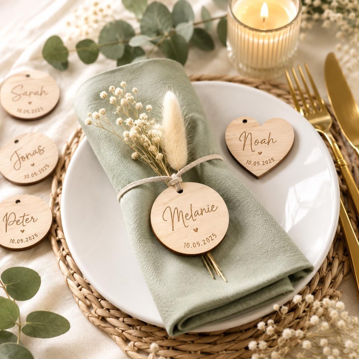 Holzanhänger personalisiert graviert Platzkarten Hochzeit – Nahaufnahme der Holzmaserung