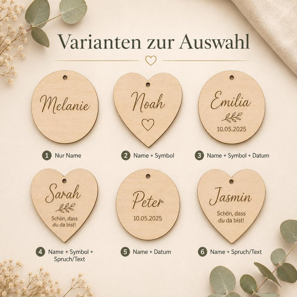 Holzanhänger personalisiert graviert Platzkarten Hochzeit – Anwendungsbeispiel als Gastgeschenk