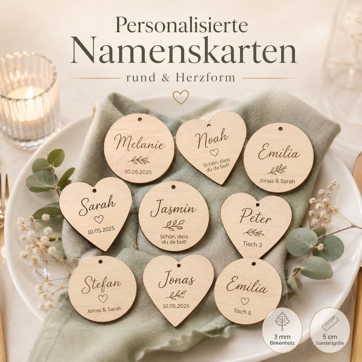 Holzanhänger personalisiert graviert Platzkarten Hochzeit – Detailaufnahme der Namensgravur