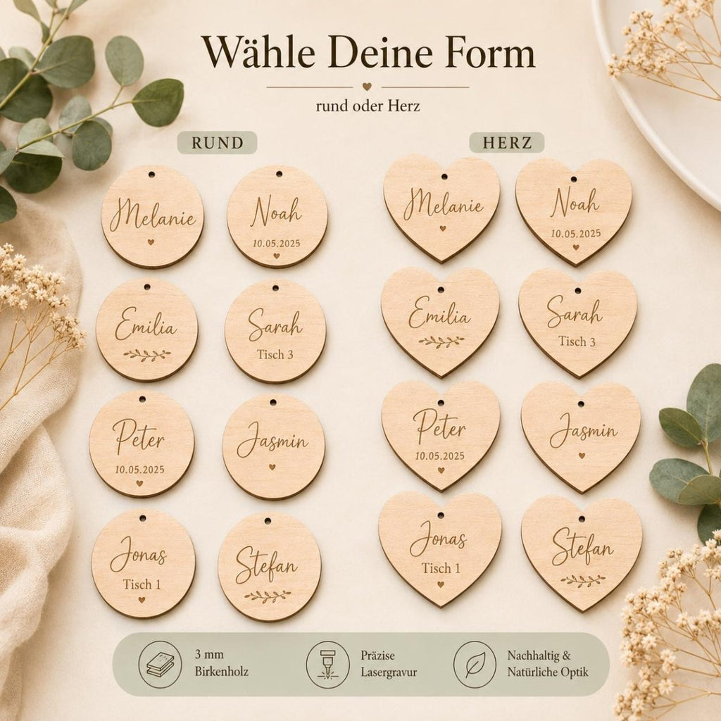 Holzanhänger personalisiert graviert Platzkarten Hochzeit – Anwendungsbeispiel als Tischkarte