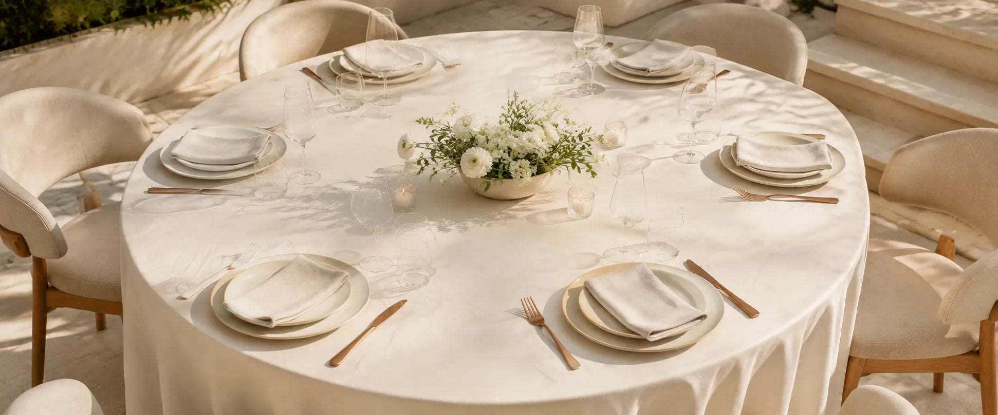 Runde Hochzeitstafel mit weißer Tischdecke, Geschirr und Blumenschmuck vor der Feier