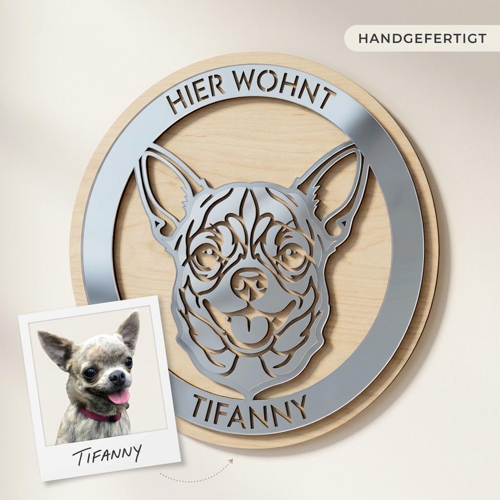 Hundeportrait nach Foto personalisiertes Hundeschild aus Holz – Größenvergleich in der Hand