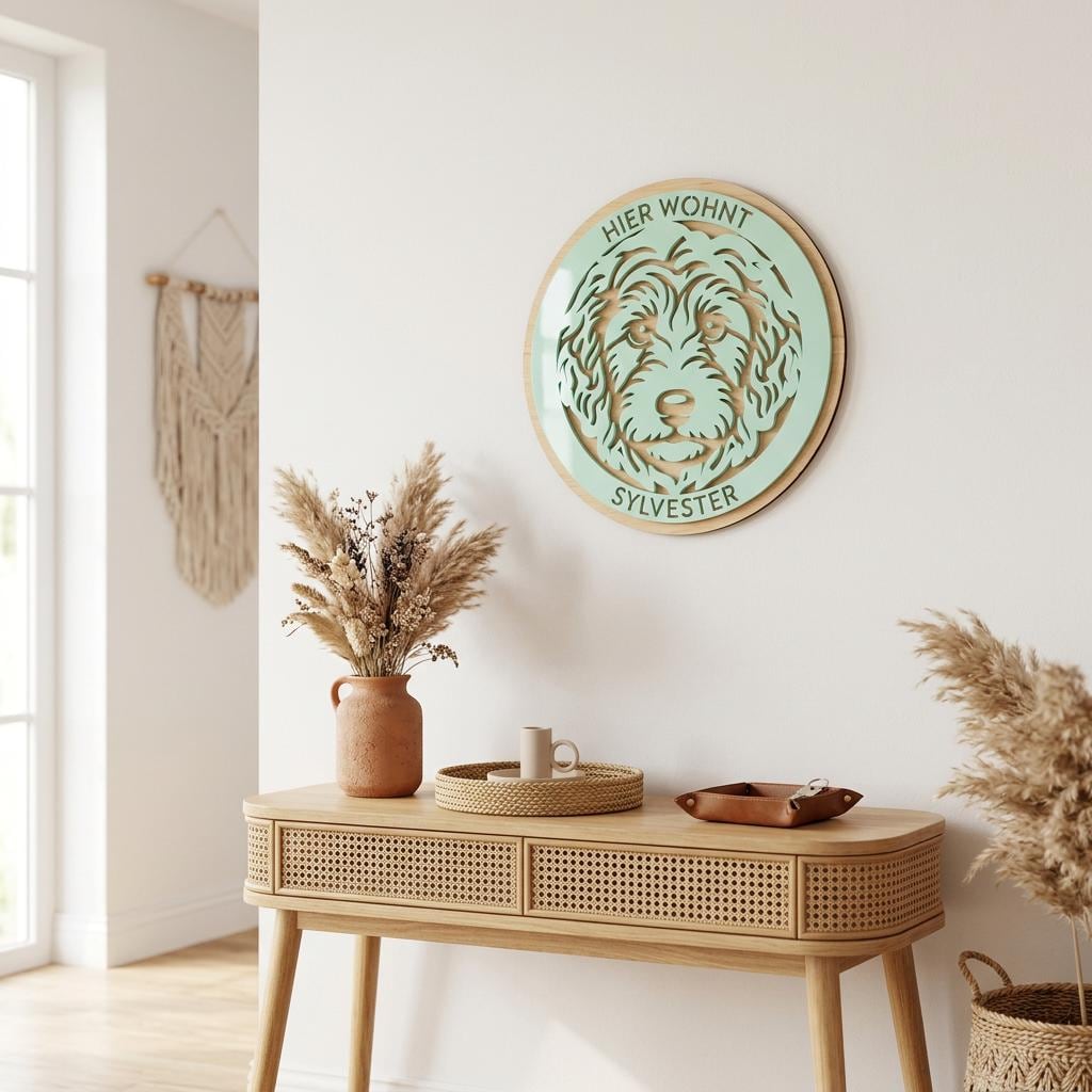 Hundeportrait nach Foto personalisiertes Hundeschild aus Holz – Nahaufnahme der Holzmaserung