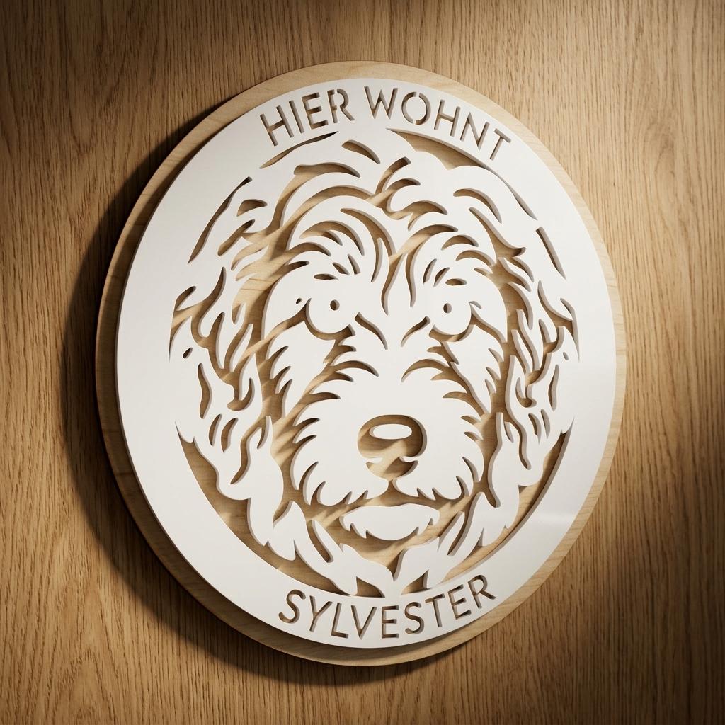 Hundeportrait nach Foto personalisiertes Hundeschild aus Holz – Seitenansicht