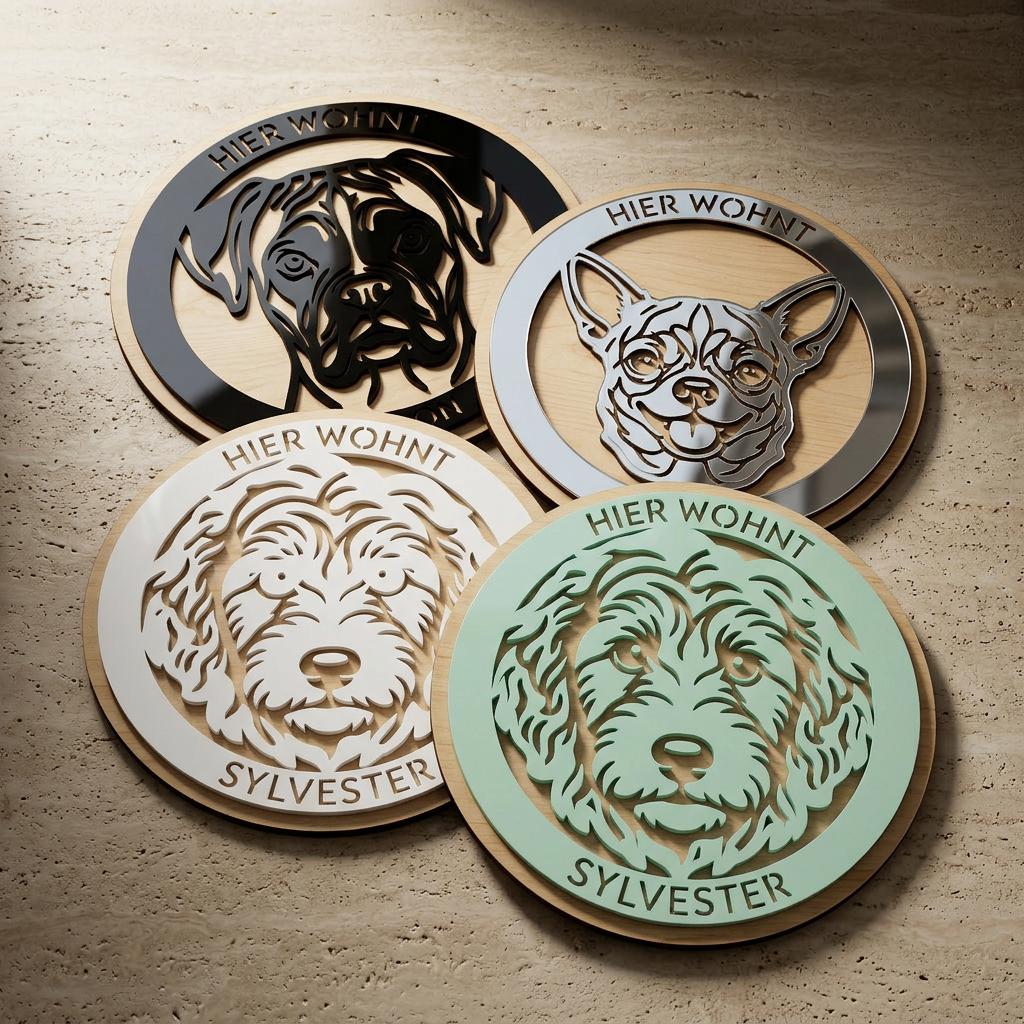 Hundeportrait nach Foto personalisiertes Hundeschild aus Holz – Frontalansicht des gravierten Portraits