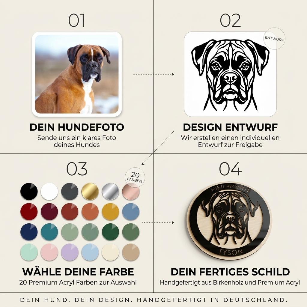 Hundeportrait nach Foto personalisiertes Hundeschild aus Holz – Detailaufnahme der Namensgravur