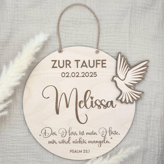 Personalisiertes Taufschild mit Name, Taufdatum Taufspruch, individuelles Geschenk zur Taufe, Geburt für Junge Mädchen Eltern Taube Taufpate
