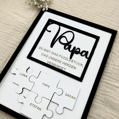 Personalisiertes Puzzle Papa – Vatertag Geschenk mit Namen & 3D-Schriftzug im Holzrahmen