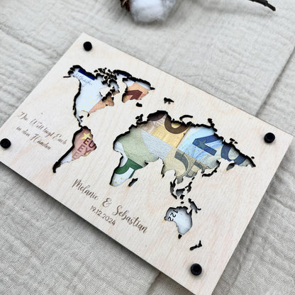 Personalisierbares Geldgeschenk Holz Weltkarte  Hingucker für Geburtstage, Hochzeit, Jubiläen, Kommunion, Konfirmation, Firmung, Taufe