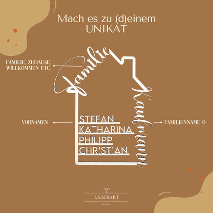 Personalisierbares familienschild in hausform, deko aus holz mit namen, geschenk zum einzug, hausbau, familie