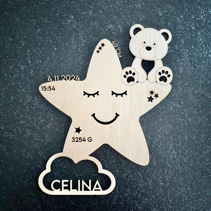 Schlummerlicht personalisiert Stern, Nachtlicht Holz mit Namen, Baby Nachtlampe, Geschenk Gburt & Taufe Junge und Mädchen, Neugeborenes