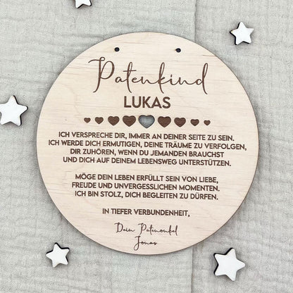 Taufgeschenk Patenkind  Personalisiertes Holz Taufschild mit Name, Datum & Spruch von Patentante und Patenonkel