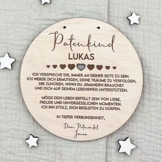 Taufgeschenk Patenkind  Personalisiertes Holz Taufschild mit Name, Datum & Spruch von Patentante und Patenonkel